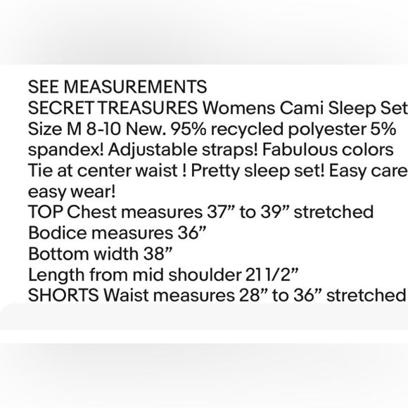 SECRET TREASURES PJs Cami Shorts Sleep Set Size M 8-10 Womens New - Picture 6 of 7